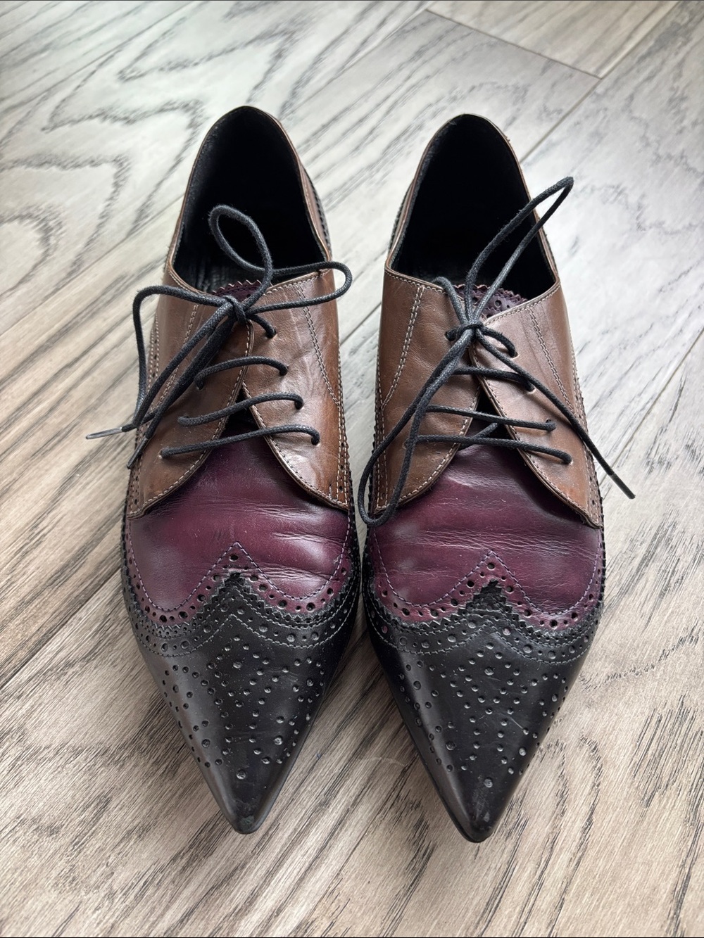 Pedro Garcia three -Tone Pointed Wingtip Oxfords in Burgundy, Brown & Black